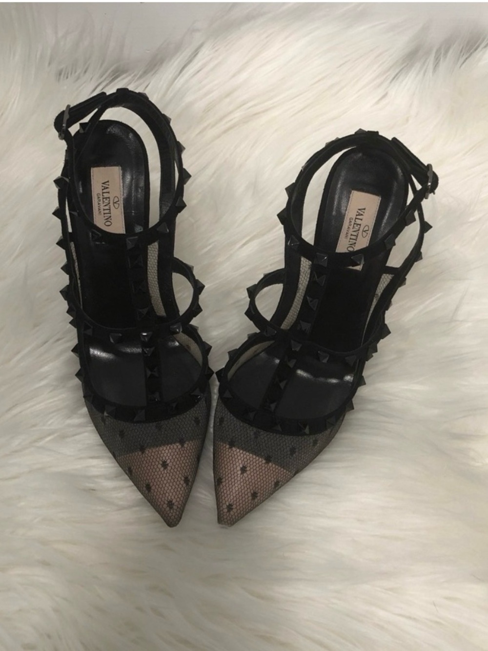 Valentino Garavani Black Mesh T-Strap Rockstud Pointed Pumps